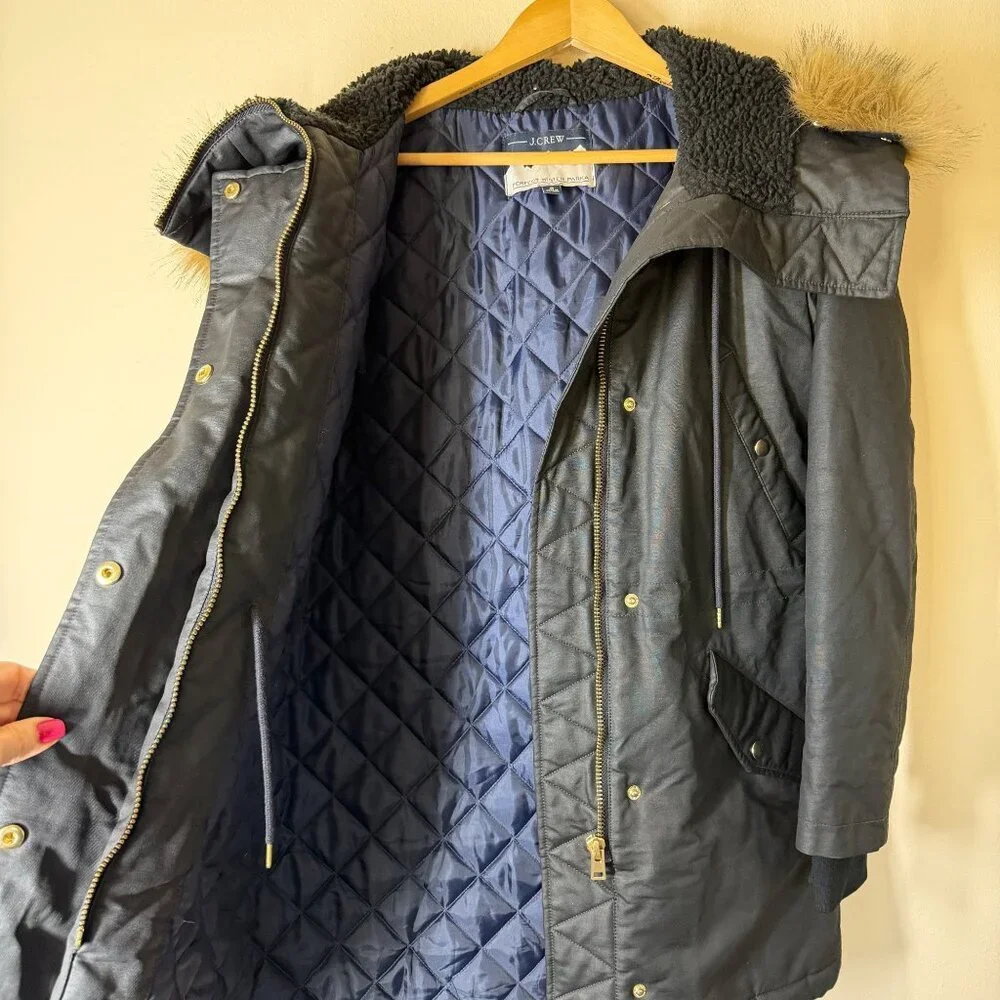 J.Crew Eco Friendly Primaloft Perfect Winter Jacket Womens Size S Faux Fur Hood